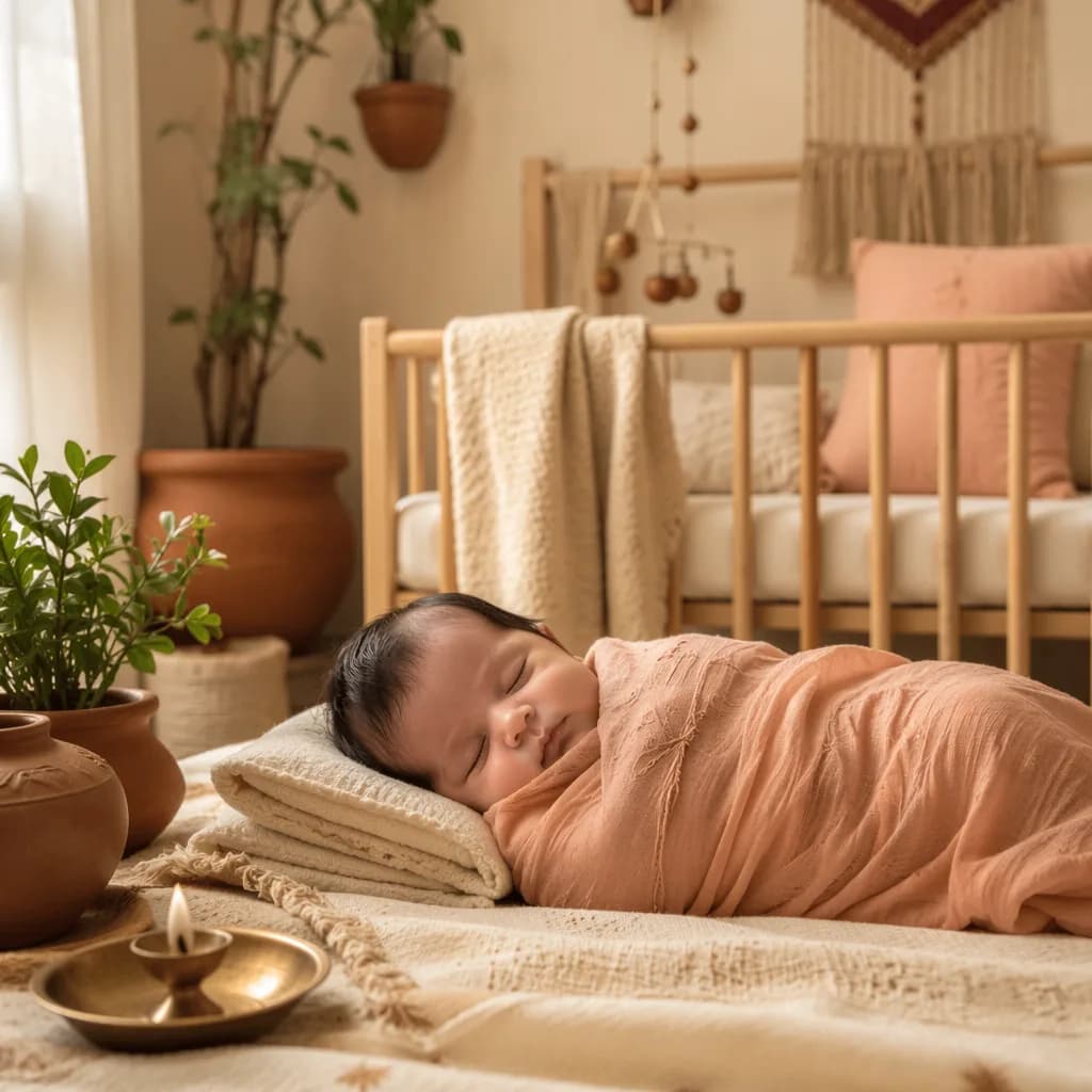 A serene pastel nursery with a swaddled baby, earthy decor, and soft natural light.