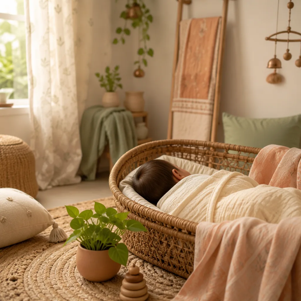 Sleeping baby in a soft earthy pastel nursery with gentle natural light.