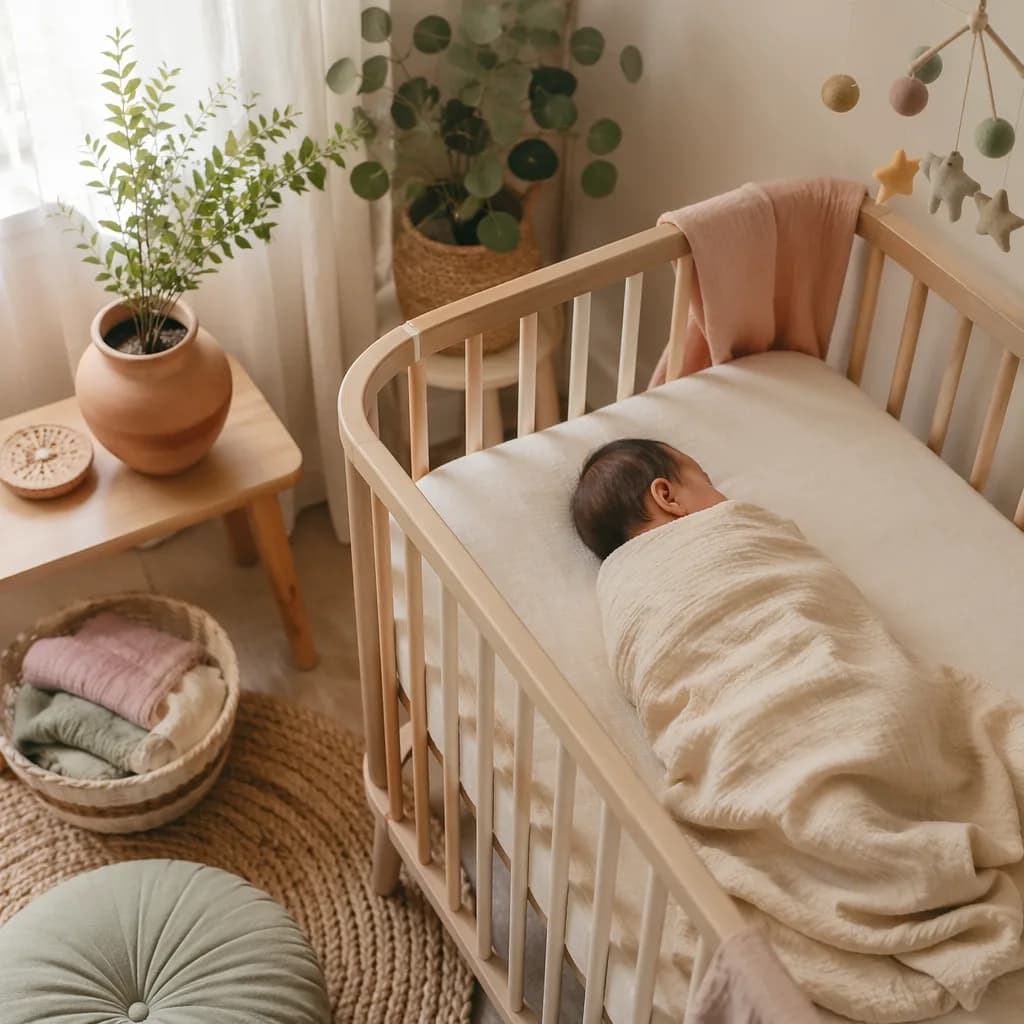 A peaceful pastel nursery with a swaddled baby and earthy natural decor.