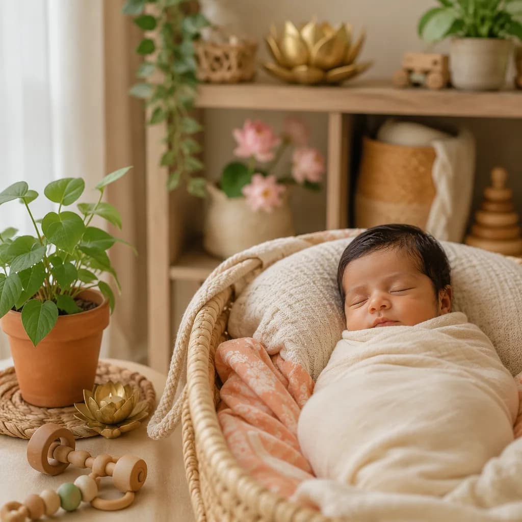 A peaceful pastel nursery with a swaddled baby, leafy plant, wooden toys, and soft lotus-inspired decor.