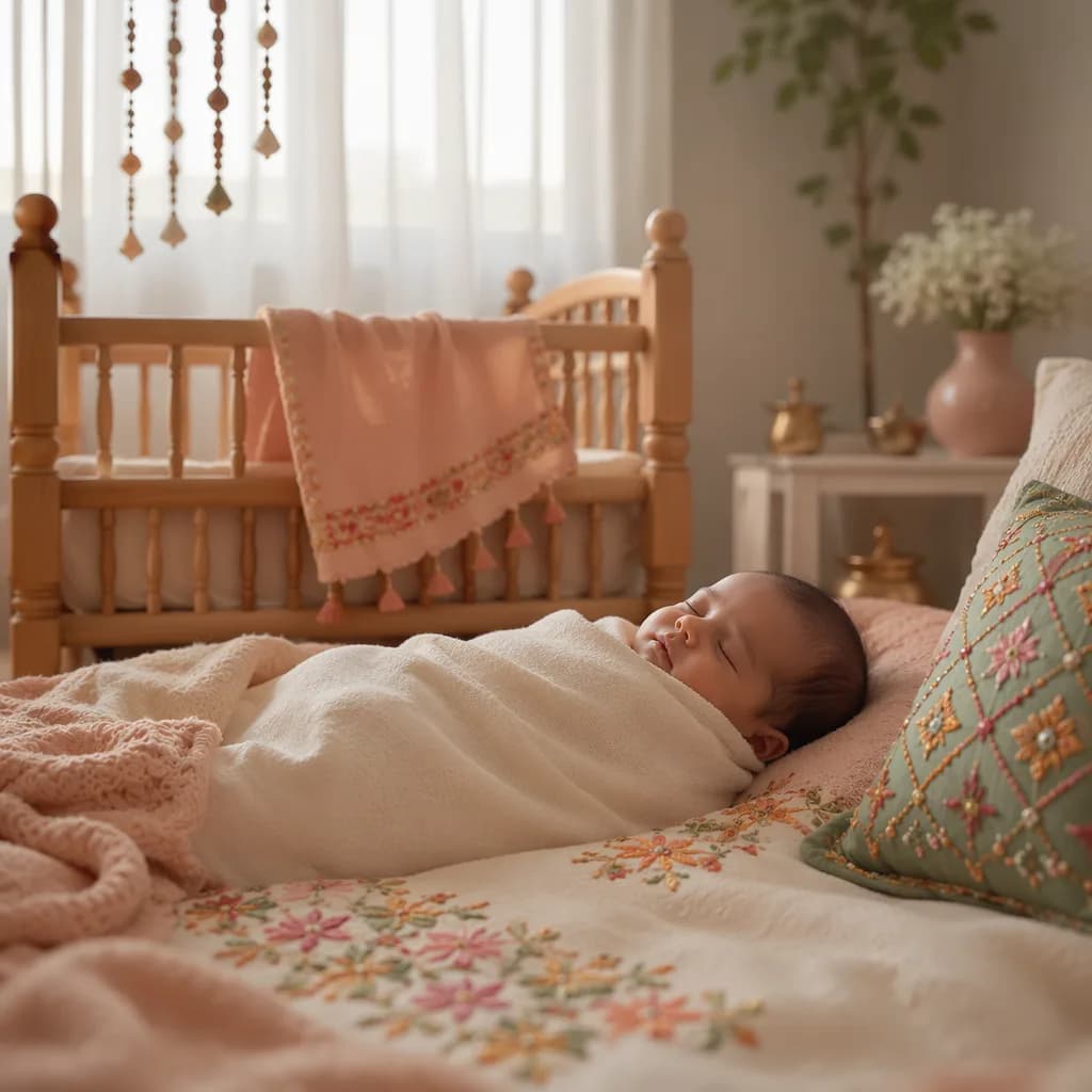 Peaceful Punjabi-inspired nursery with a swaddled sleeping baby in soft natural light.