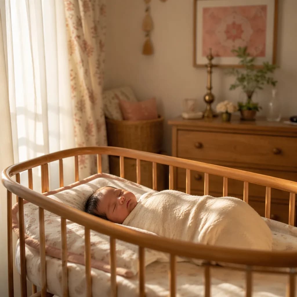 Peaceful baby in a sunlit pastel nursery with subtle Indian-inspired decor