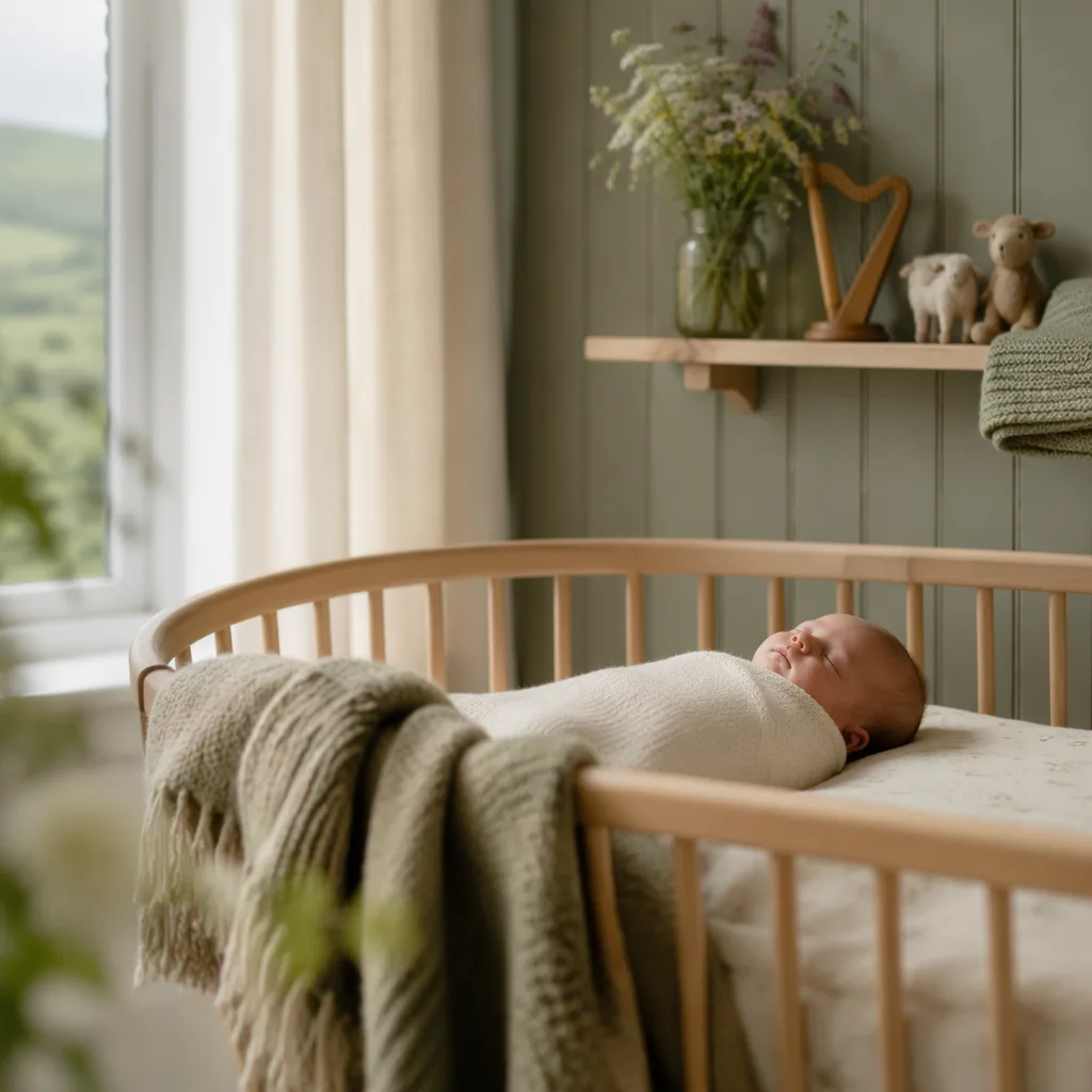Sleeping swaddled baby in a soft Welsh-inspired nursery with gentle natural light.