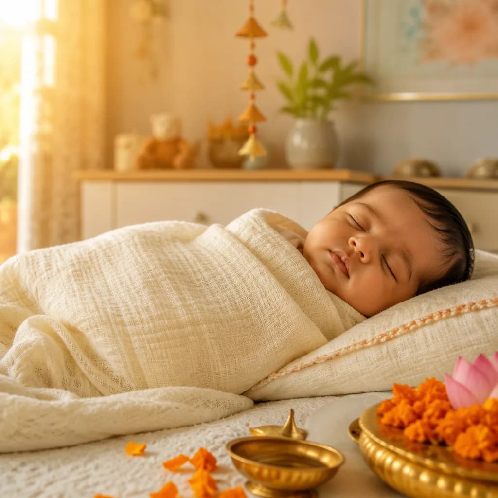 Sleeping baby in a soft nursery with warm Indian-inspired details and gentle sunlight.