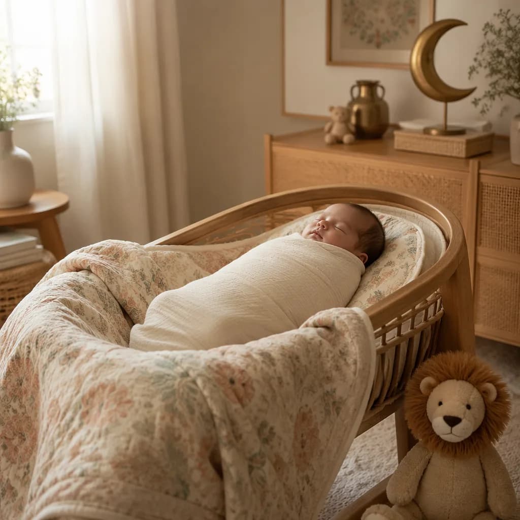 Sleeping newborn in a soft pastel nursery with a plush lion and crescent decor.