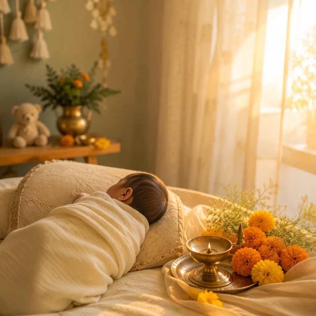A serene pastel nursery scene with a swaddled newborn, marigolds, and soft morning light.