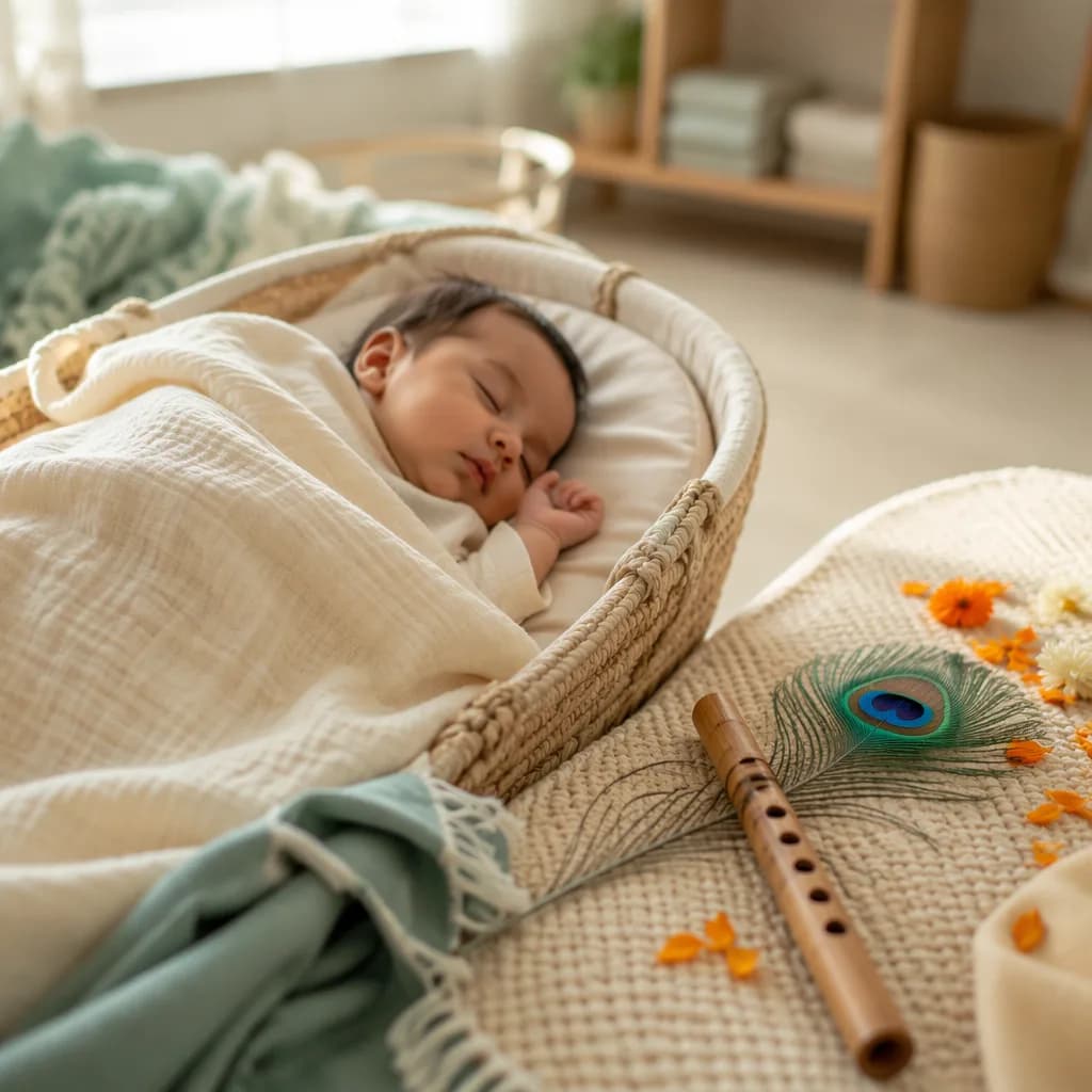 Sleeping baby in a pastel nursery with a flute, peacock feather, and marigold accents.