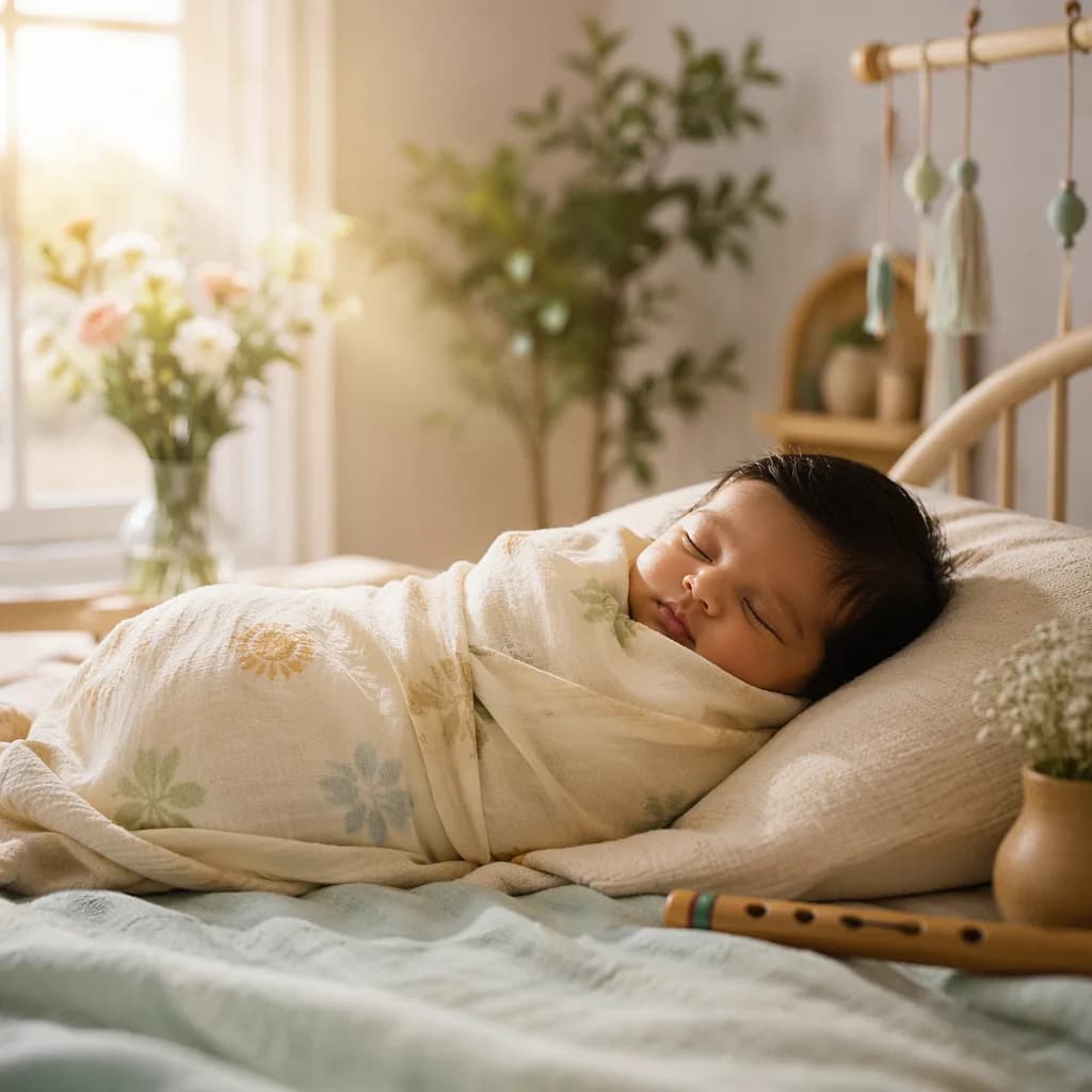 Sleeping baby in a soft pastel nursery with spring flowers and warm natural light.