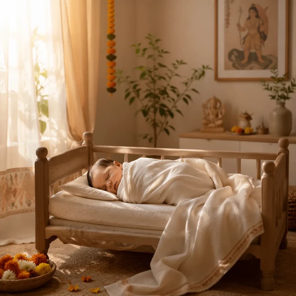 A peaceful baby in a warm pastel nursery with soft sunlight and marigold accents.