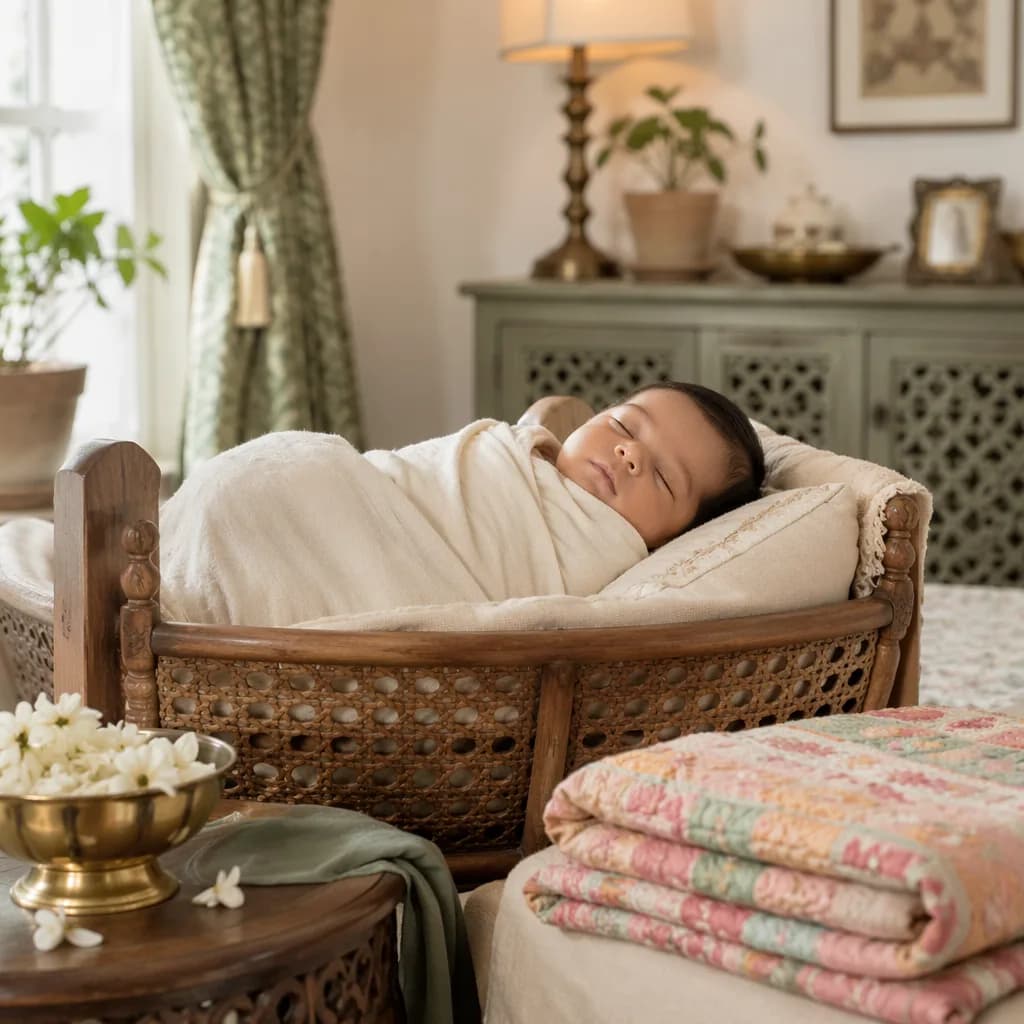 A peaceful Punjabi-inspired nursery with a swaddled sleeping baby in soft natural light.