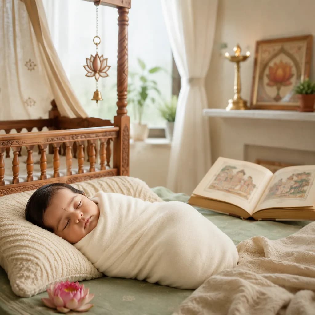 Peaceful swaddled newborn in a softly lit nursery with lotus and wisdom-inspired details.