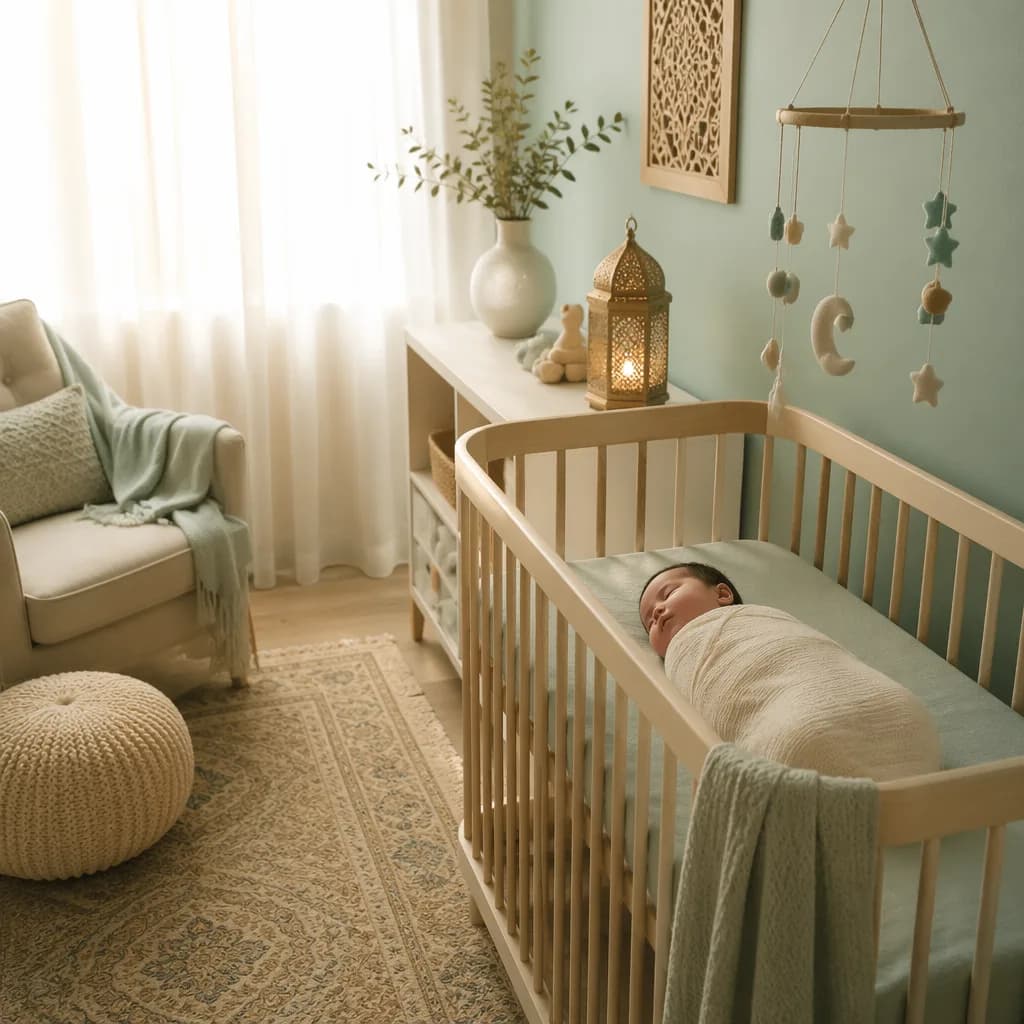 A peaceful swaddled baby sleeping in a softly lit Urdu-inspired nursery.