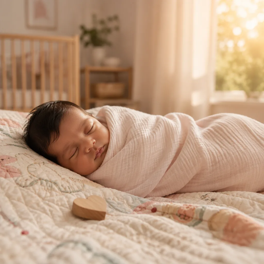 Sleeping newborn on a pastel kantha-style quilt with a small heart keepsake in warm nursery light.