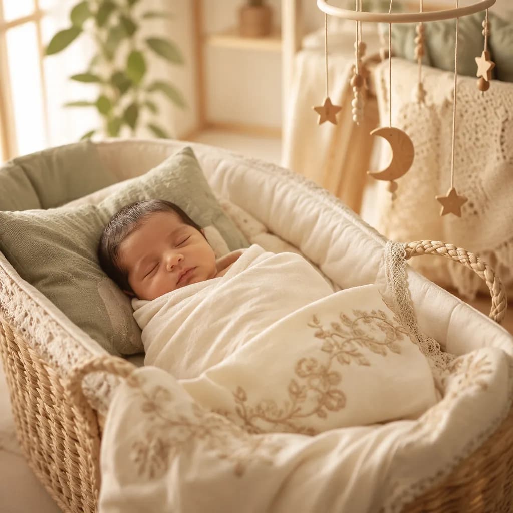 Peaceful swaddled newborn in a warm pastel nursery with subtle Urdu-inspired details.
