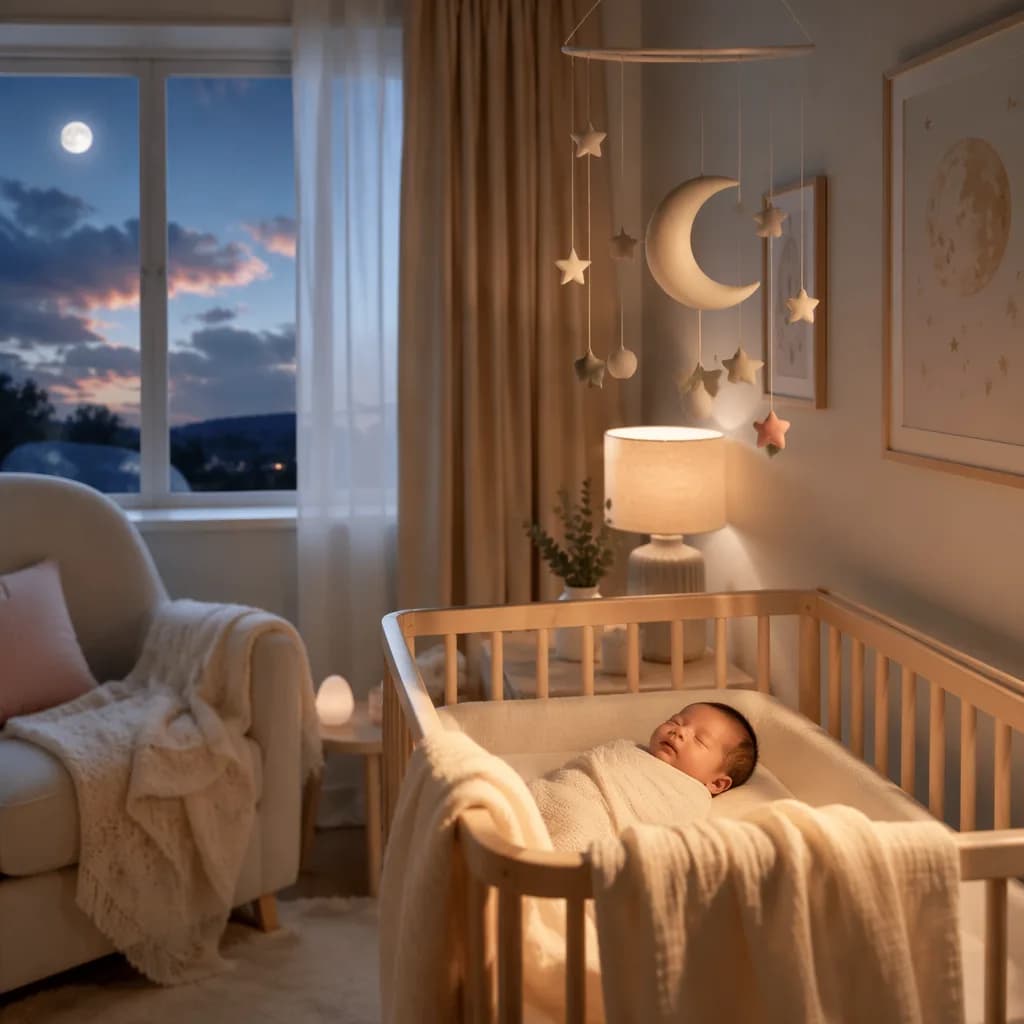 A peaceful pastel nursery with a sleeping swaddled baby and a crescent moon mobile.