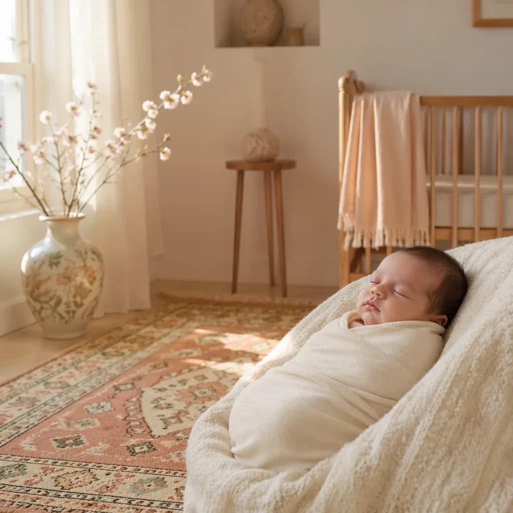 Peaceful Persian-inspired nursery with a swaddled newborn in soft natural light.