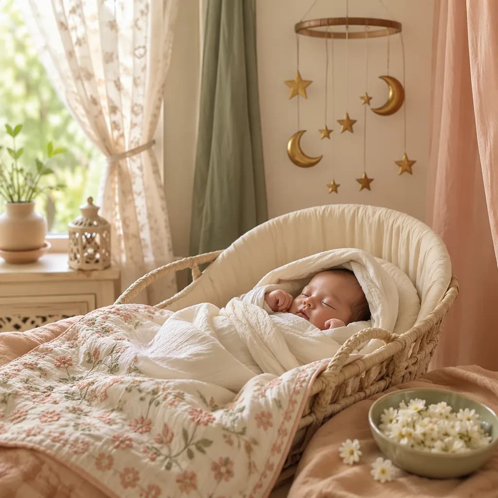 Sleeping newborn in a soft pastel Urdu-inspired nursery with warm natural light.