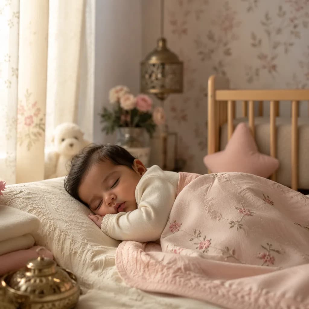 Sleeping baby in a soft pastel Urdu-inspired nursery