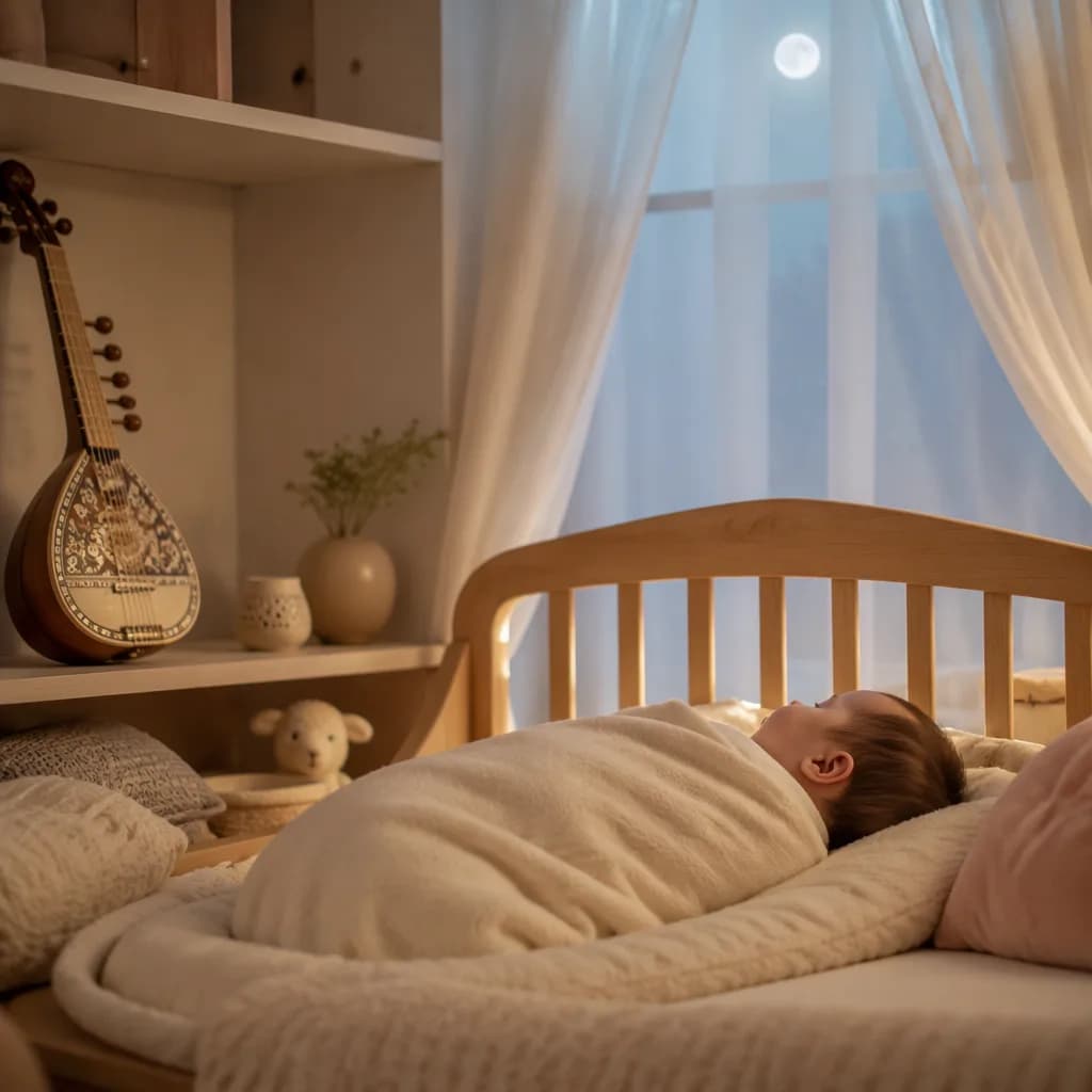 Soft pastel nursery with a swaddled baby, moonlit curtains, and a small rubab-inspired instrument.
