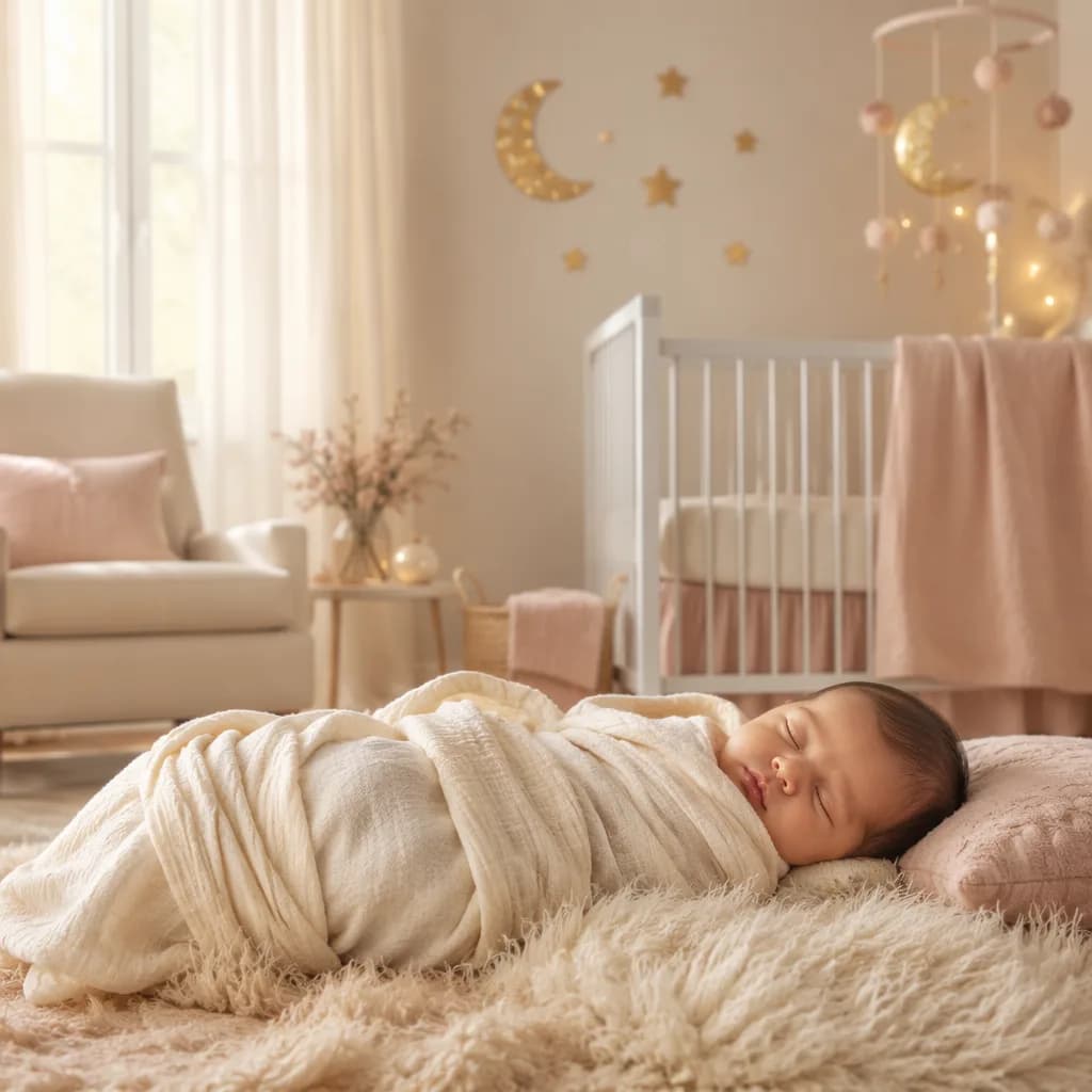 A softly lit nursery with a swaddled baby, crescent moon decor, and gentle golden accents.