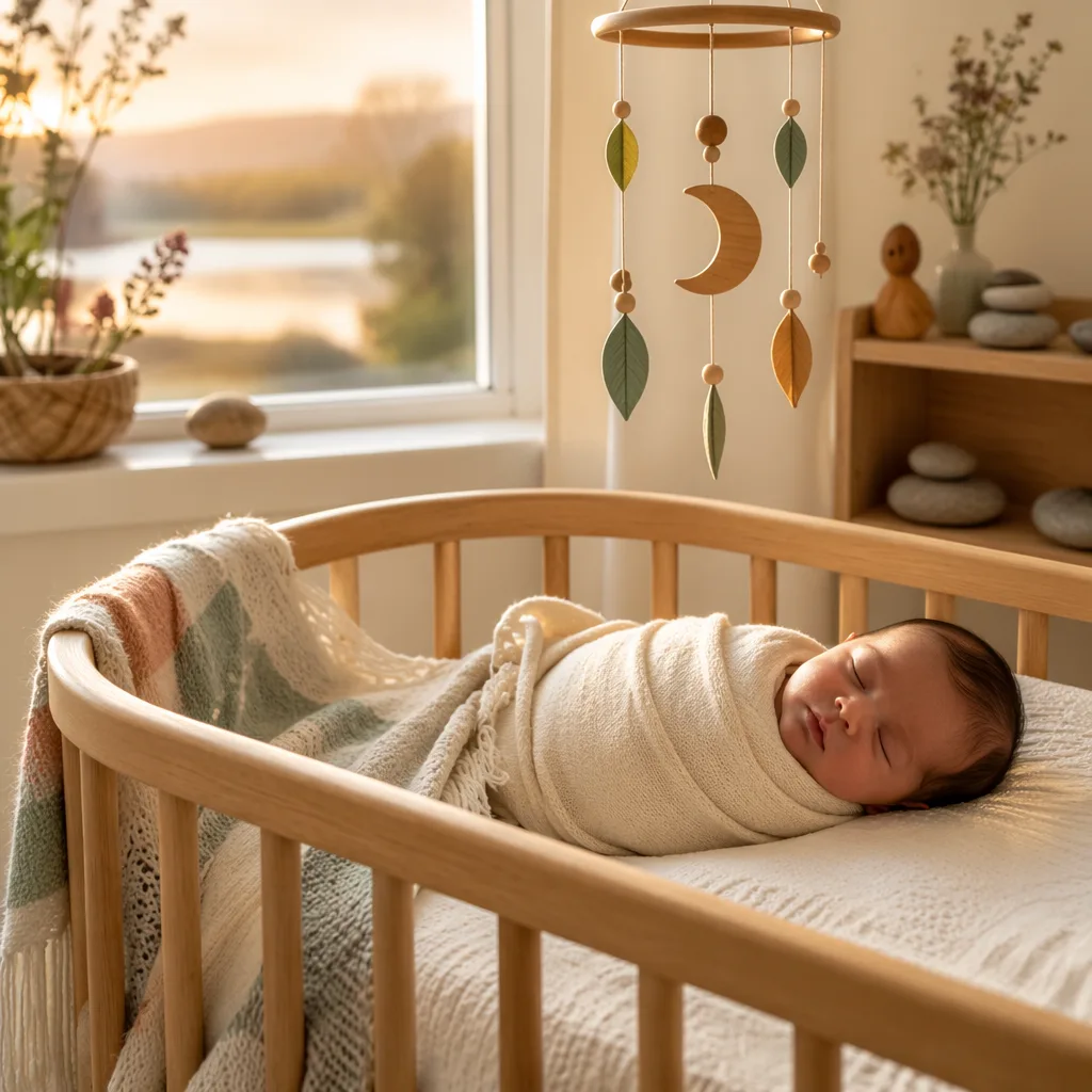 A sleeping baby in a soft pastel nursery with natural wood, woven textures, and gentle sunrise light.