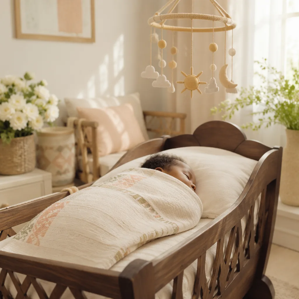 Peaceful Yoruba-inspired nursery with a swaddled newborn in warm natural light.