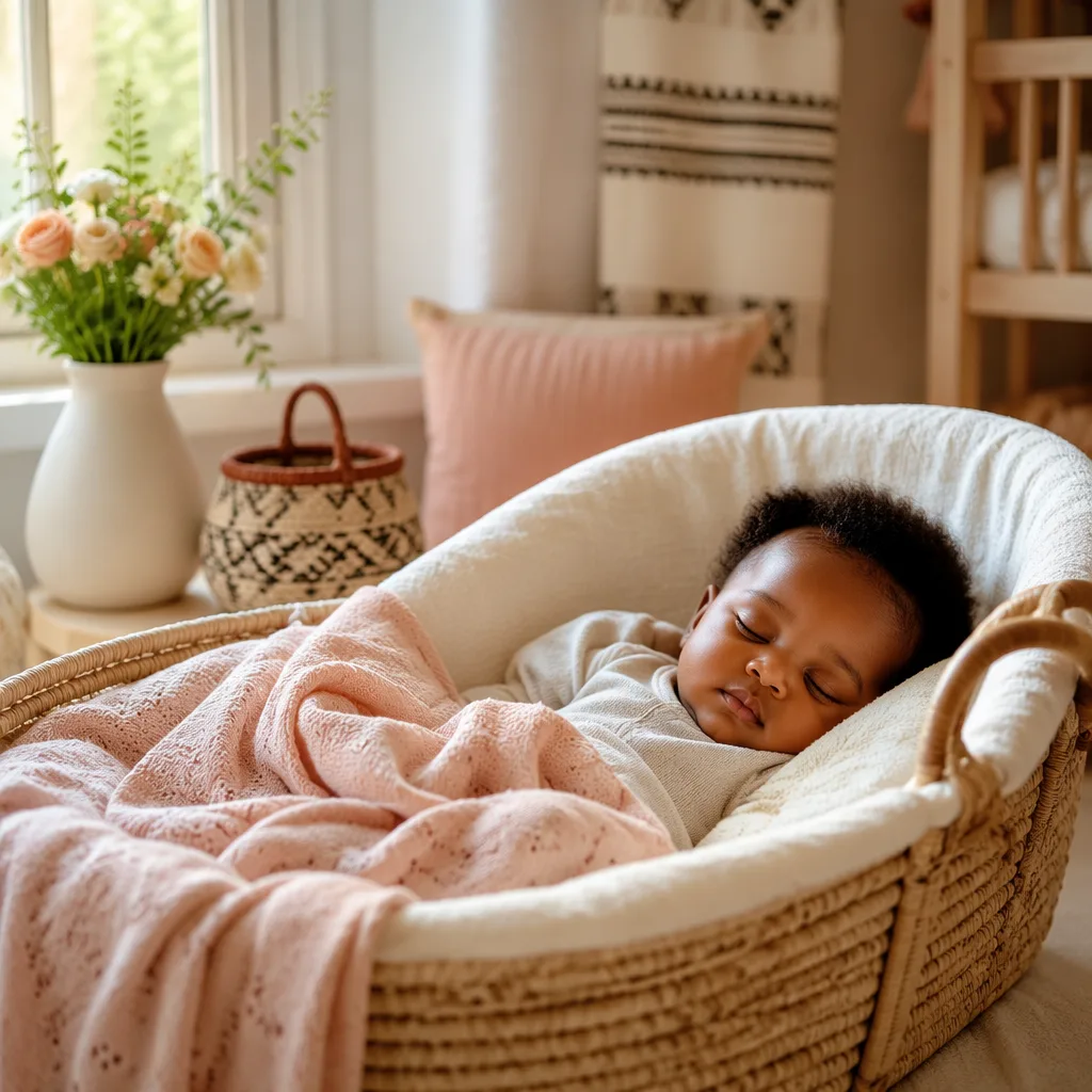 A peaceful baby nursery with a sleeping baby, soft light, and subtle Yoruba-inspired decor.