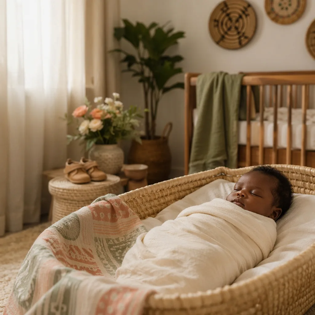 A peaceful Yoruba-inspired nursery with a swaddled sleeping baby in soft natural light.