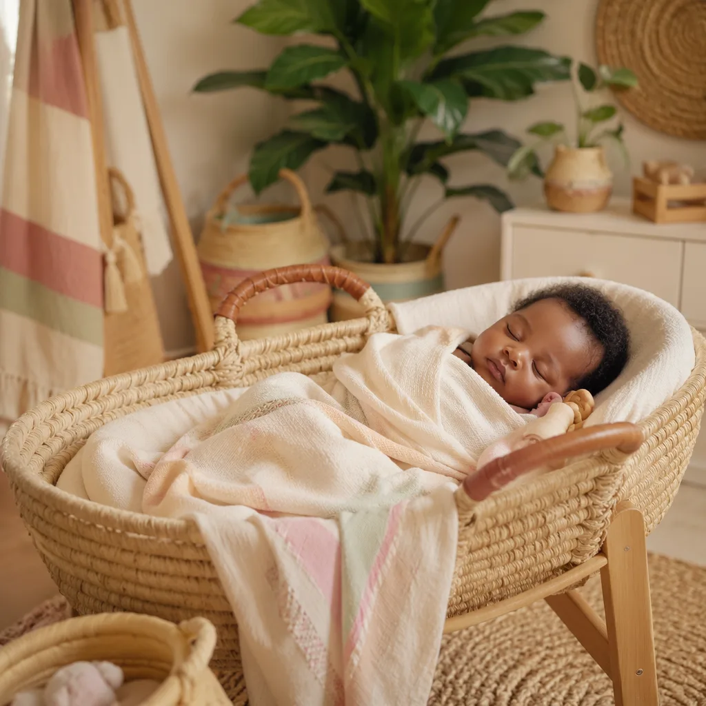 Peaceful Yoruba baby sleeping in a softly lit pastel nursery with woven details.