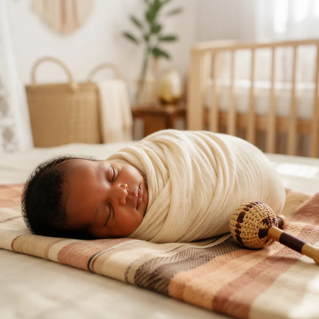 A peaceful swaddled baby in a softly lit Yoruba-inspired nursery.