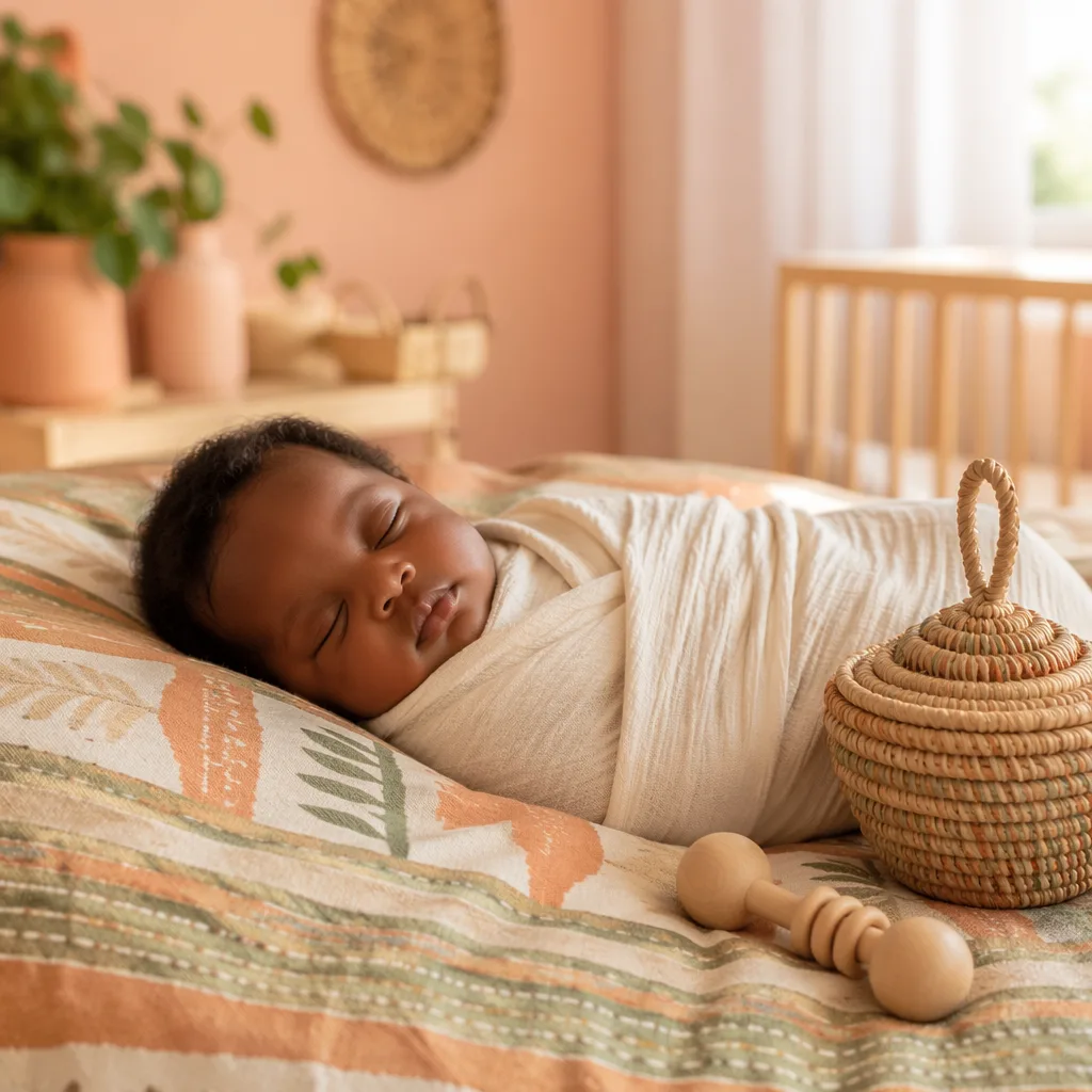 Sleeping baby in a warm Nigerian-inspired nursery with soft pastel decor.