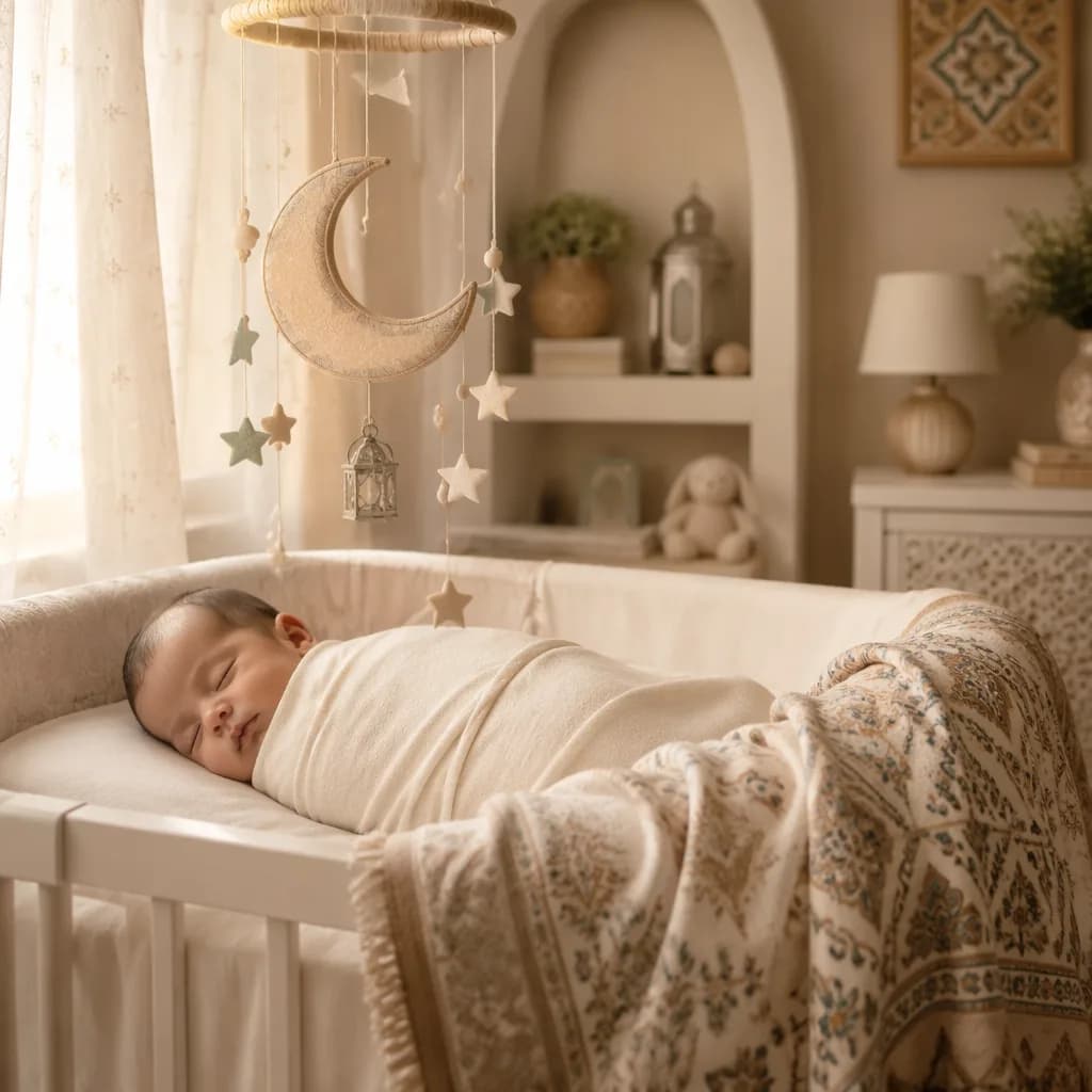 Sleeping baby in a soft pastel nursery with a crescent moon mobile.