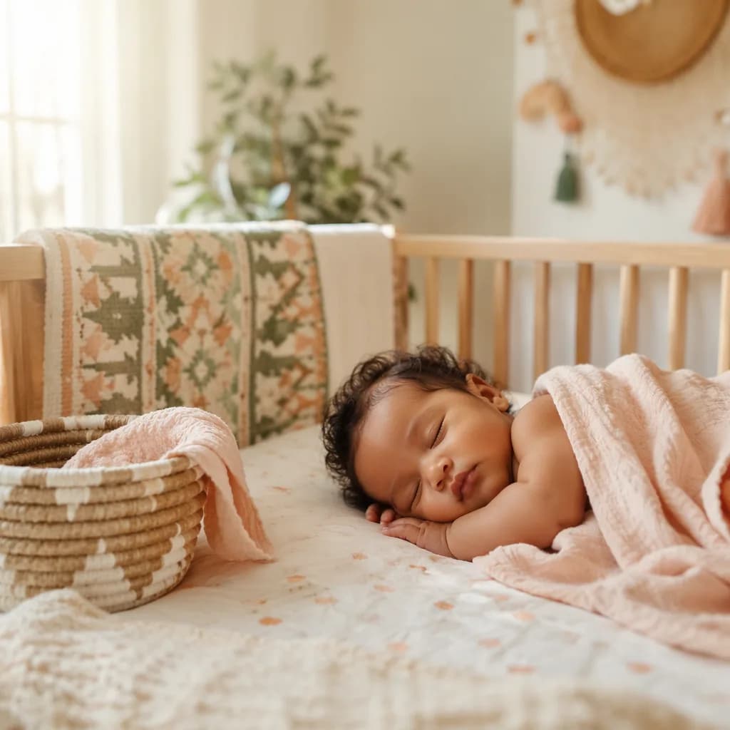 A softly lit cozy nursery with a swaddled baby and warm East African-inspired accents.