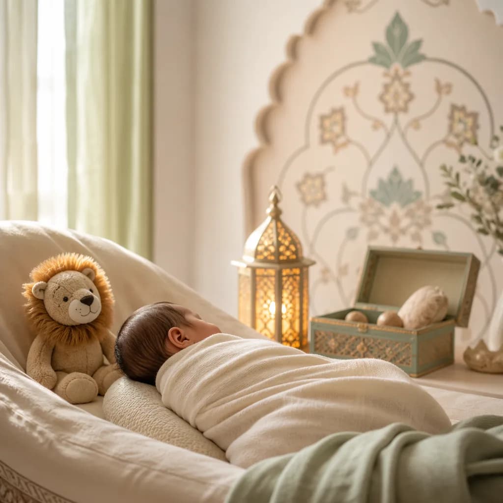 Sleeping baby in a soft Urdu-inspired nursery with a plush lion and gentle lantern.
