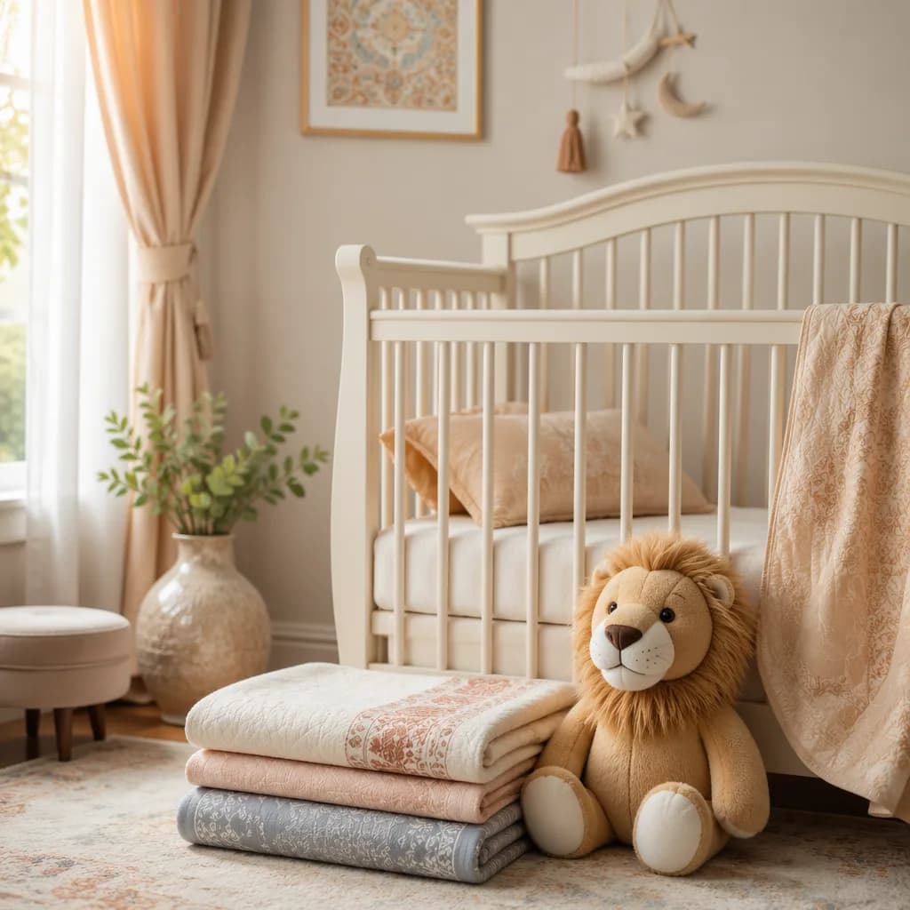 Soft pastel nursery with a plush lion and baby blankets, evoking the name Azlan.