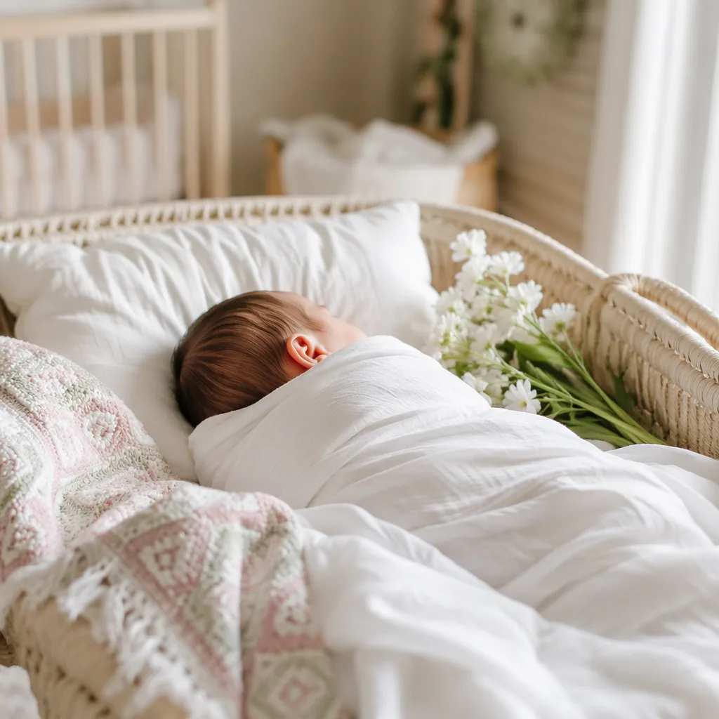 A softly swaddled newborn in a warm pastel nursery with Turkish-inspired details.