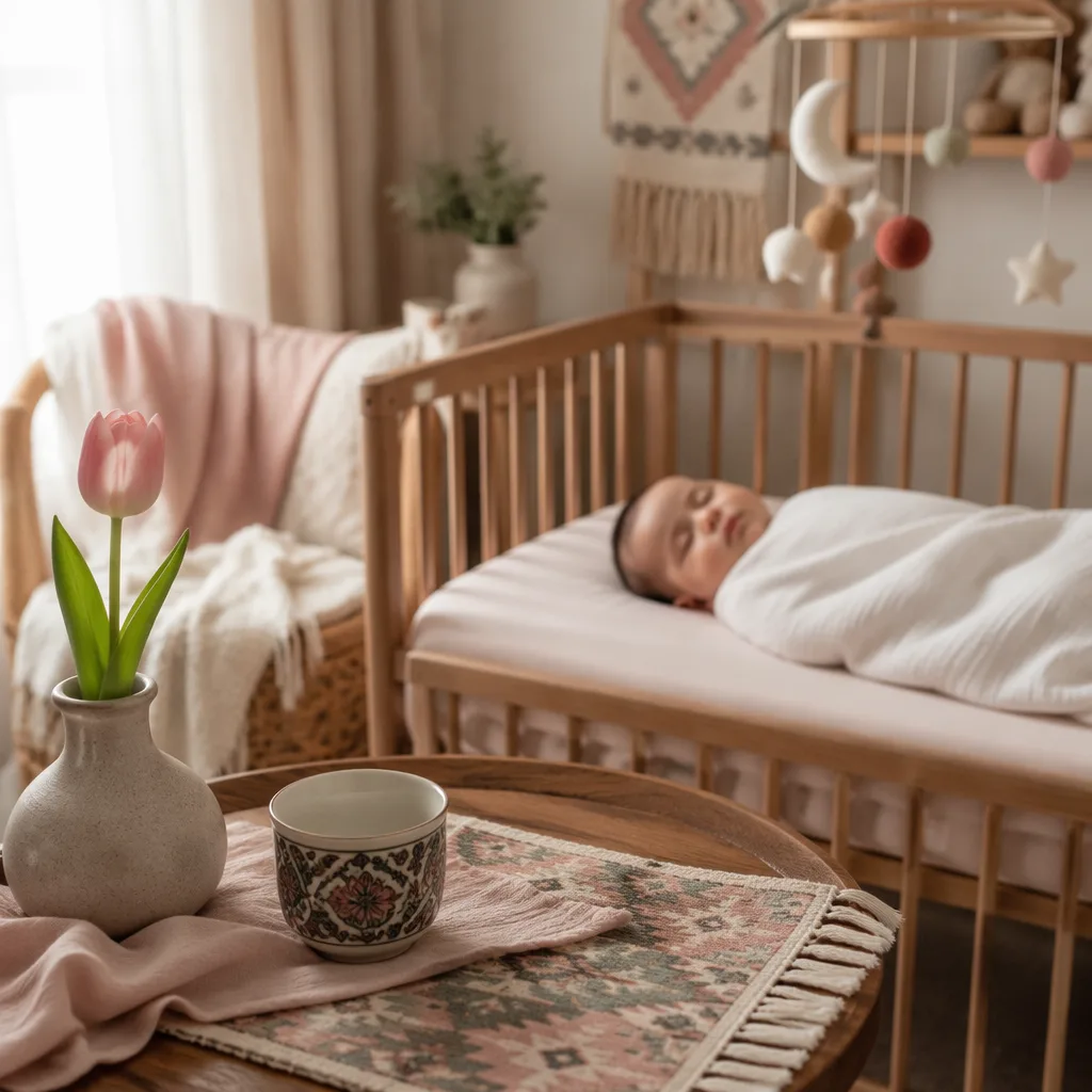 Soft Turkish-inspired nursery scene with a swaddled baby, tulip, and gentle pastel decor.