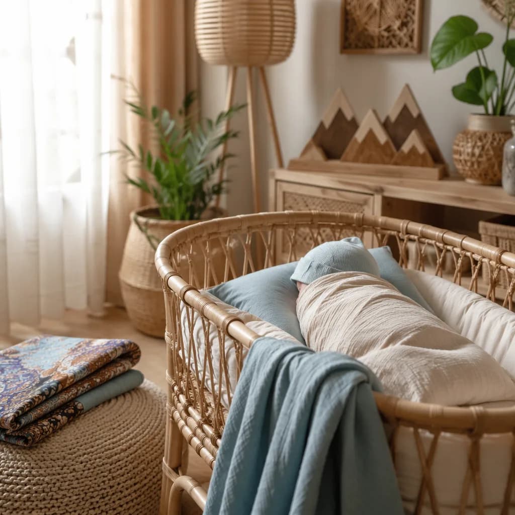 Sleeping Indonesian baby in a cozy pastel nursery with rattan and batik-inspired accents.