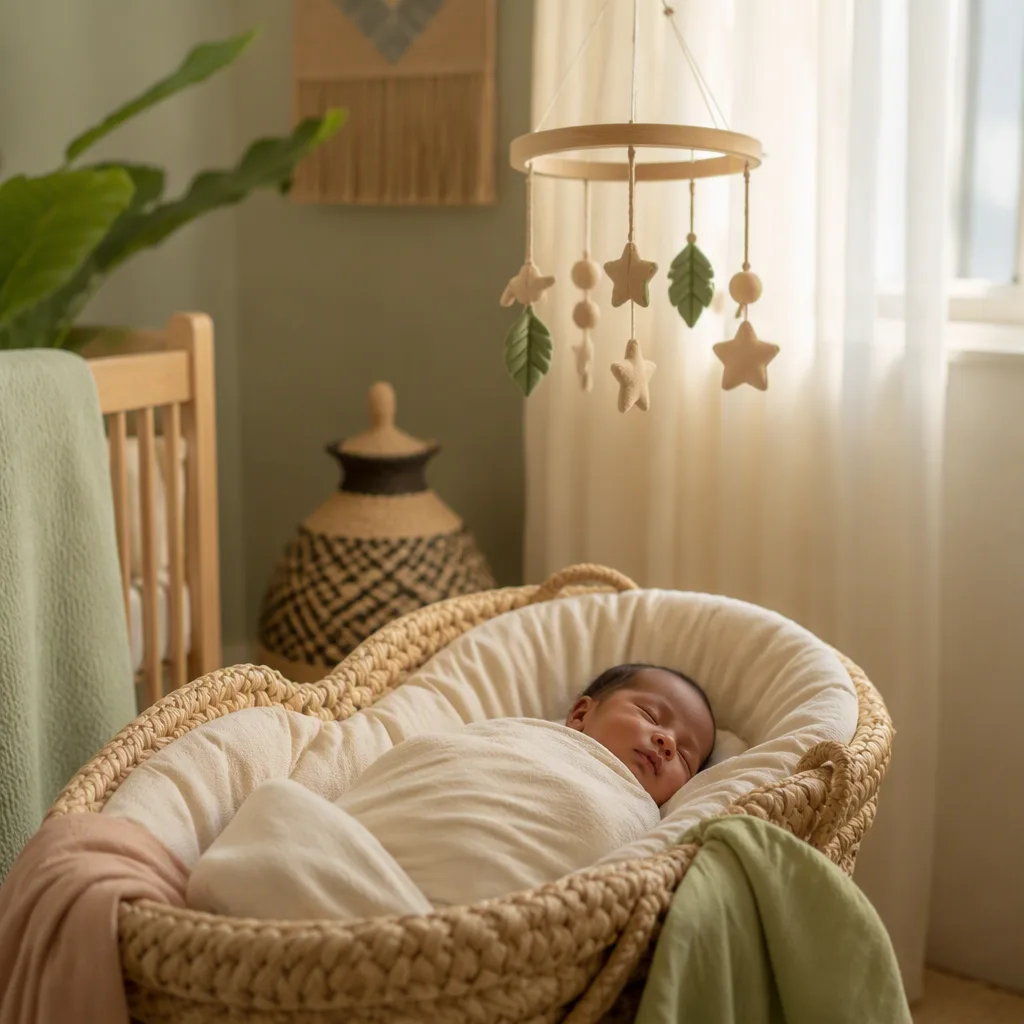 Sleeping newborn in a warm pastel nursery with woven accents symbolizing fortune and wisdom.