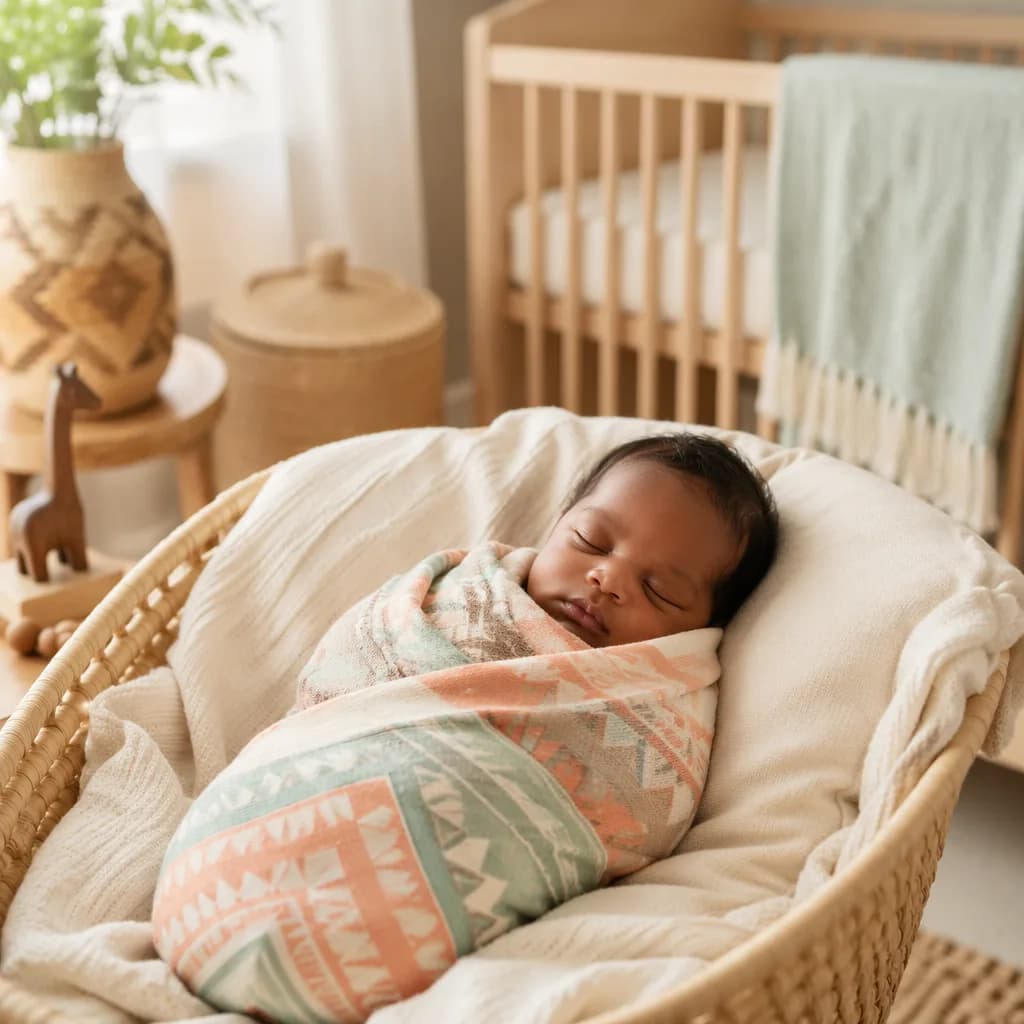 Peaceful newborn in a warm pastel Swahili-inspired nursery.