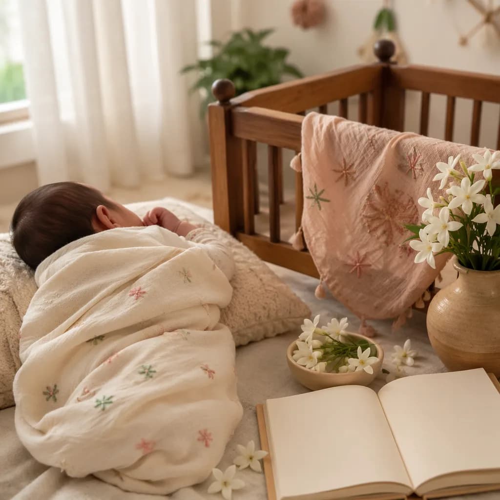 A peaceful Punjabi-inspired nursery scene with a swaddled newborn, soft flowers, and pastel textiles.
