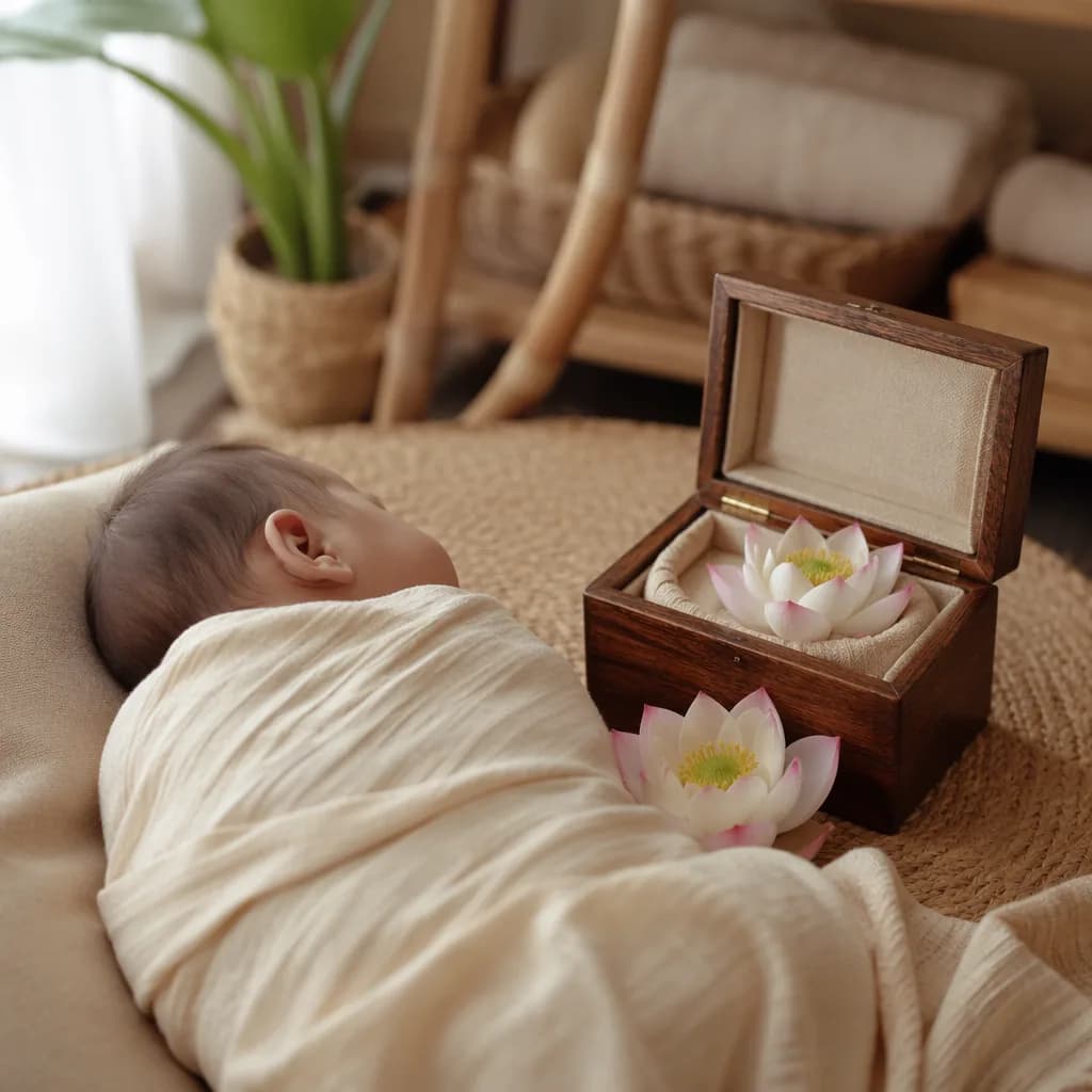 Sleeping newborn in a soft pastel nursery with lotus flowers and a keepsake box.
