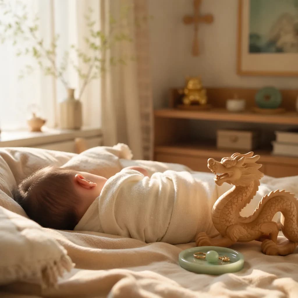 Sleeping Vietnamese baby in a cozy nursery with a wooden dragon toy and soft pastel light.