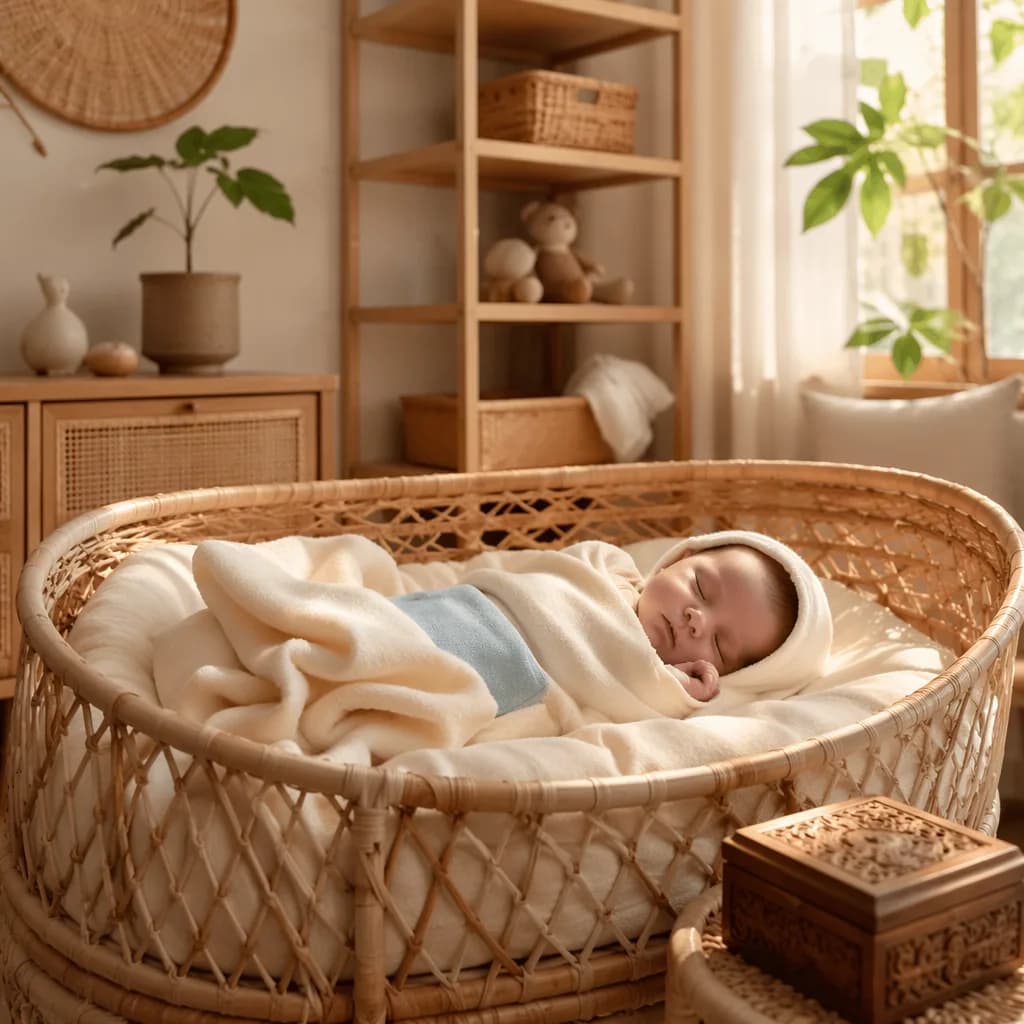 Sleeping baby in a warm Vietnamese-inspired nursery with bamboo textures and soft morning light.