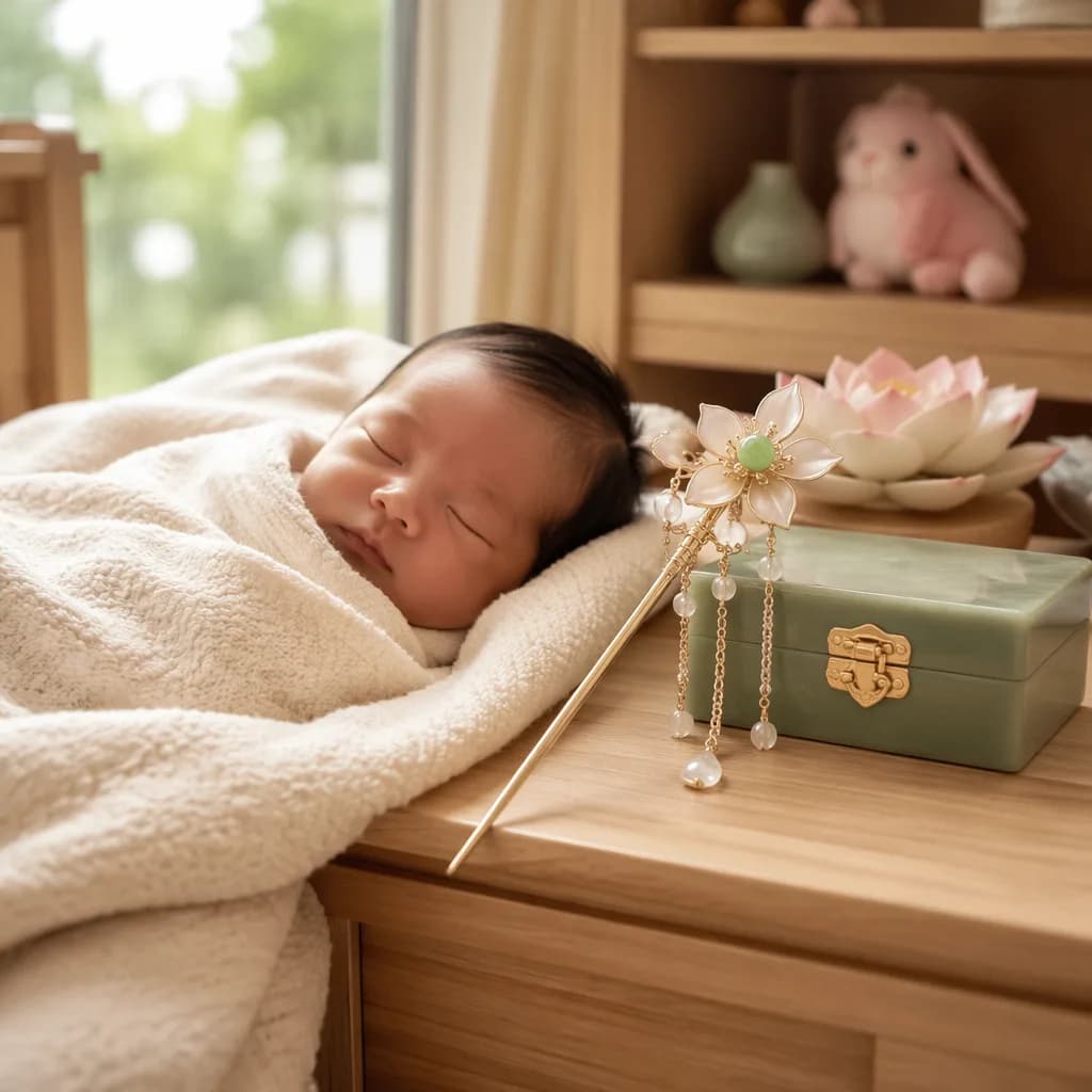 Peaceful Vietnamese-inspired nursery with a sleeping baby and delicate jeweled keepsakes.
