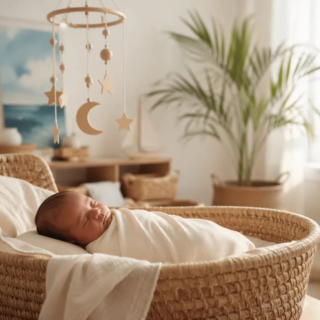 A peaceful swaddled baby in a softly lit nursery with woven East African-inspired decor.