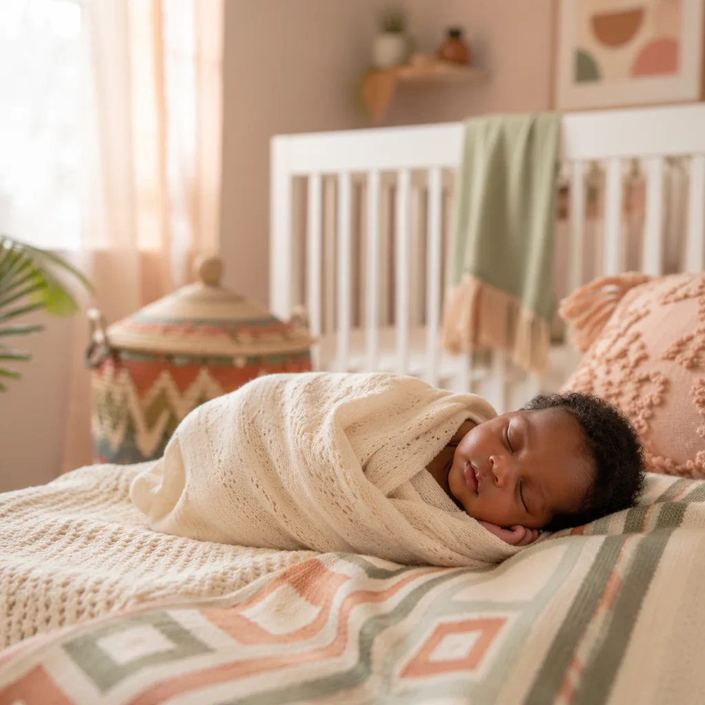 A peacefully sleeping newborn in a warm, pastel nursery with subtle Nigerian-inspired decor.