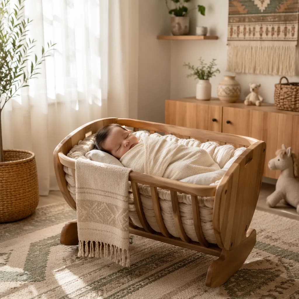 Sleeping baby in a cozy pastel nursery with soft Turkish-inspired woven details.