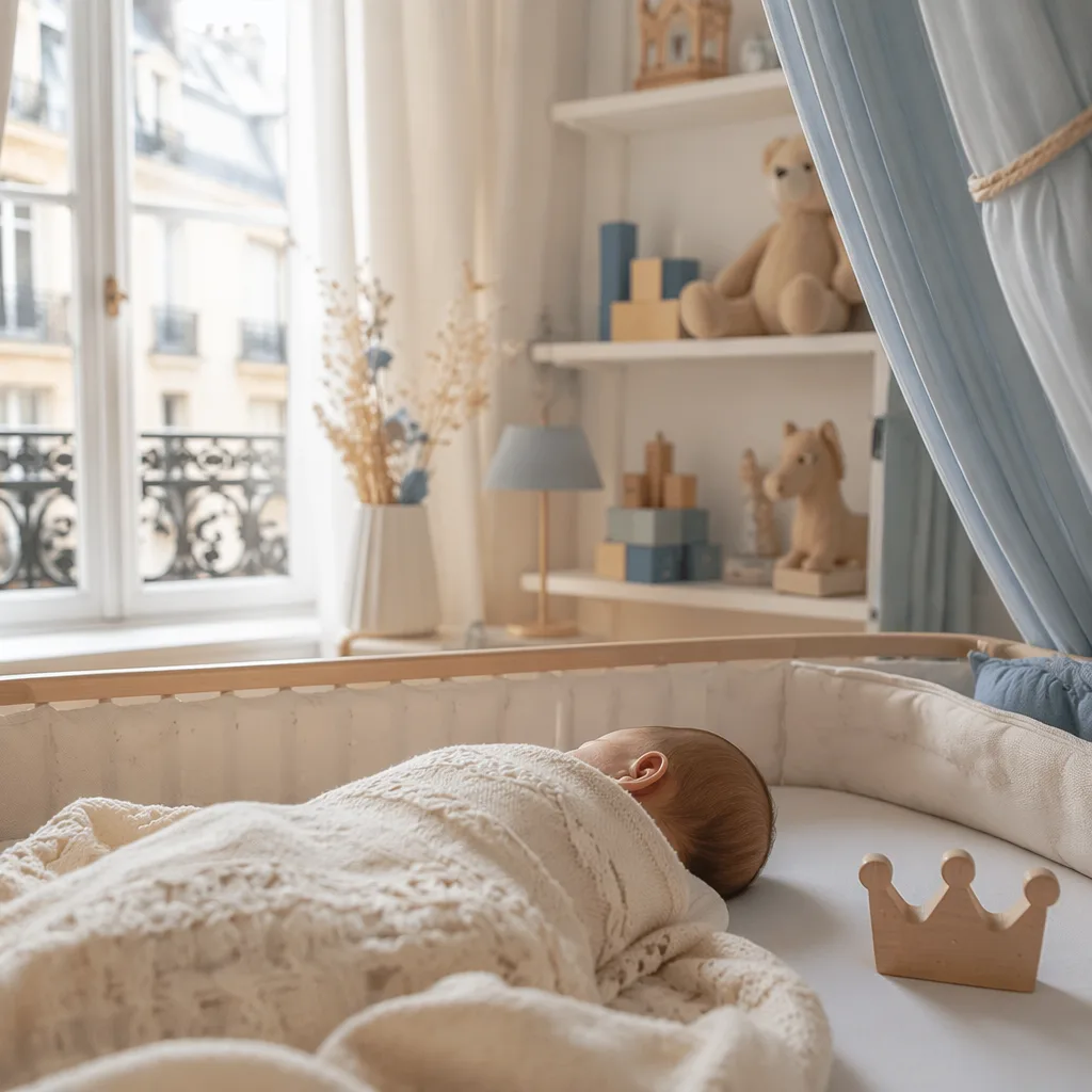 Soft pastel French nursery with a sleeping baby and subtle royal-inspired toy crown.