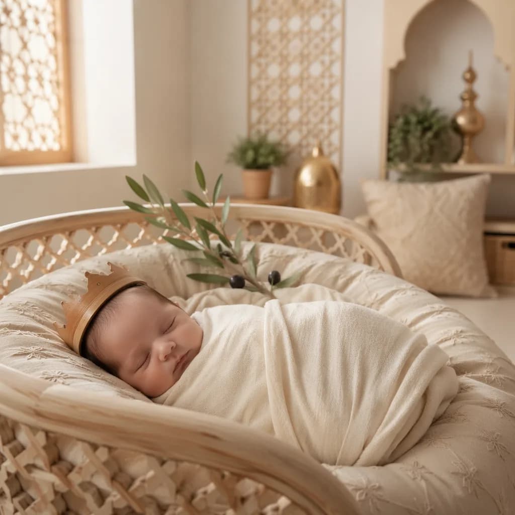 Sleeping baby in a cozy pastel nursery with a wooden crown and olive branch.